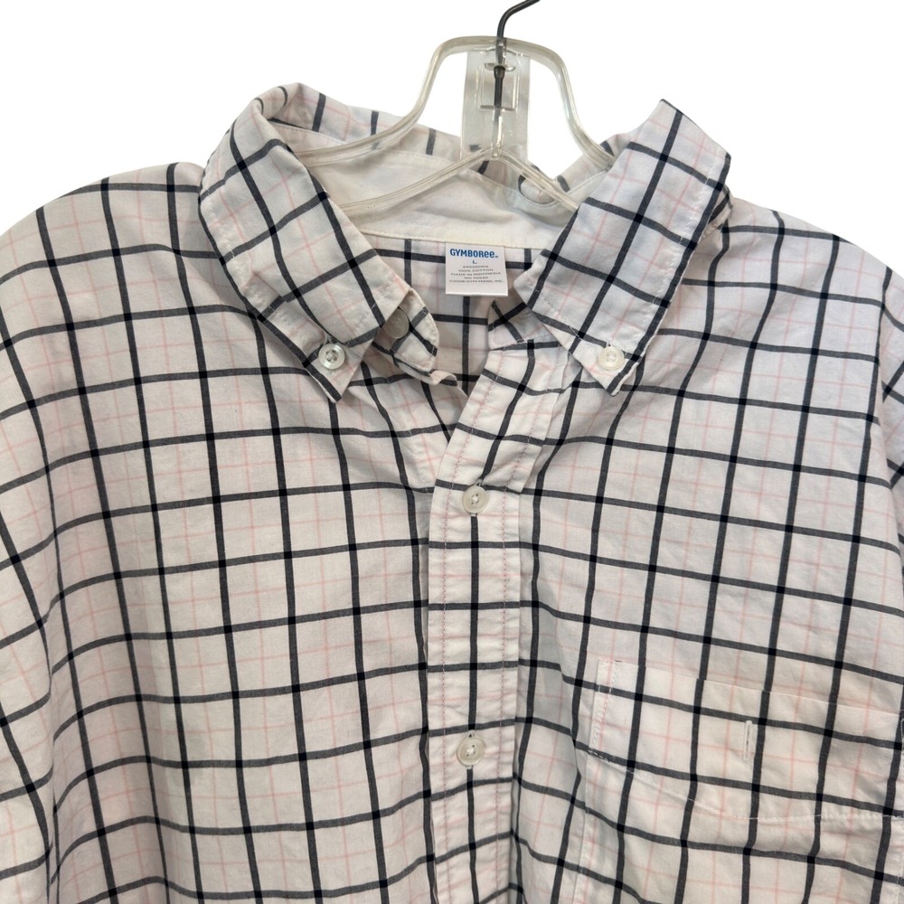 Gymboree Button Down Shirt 2006 Vintage White Navy Pink Grid Check Cotton Large